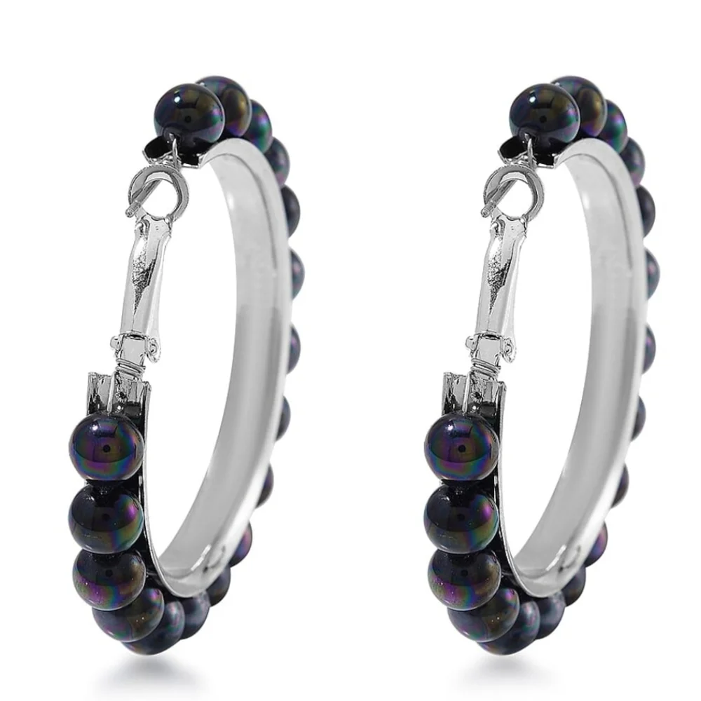 Peacock Color Shell Pearl Hoop Earrings in Stainless Steel - Picture 4 of 6